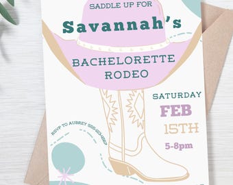 May include: A printable bachelorette party invitation featuring a pink cowboy hat and a cowboy boot. The text reads "Saddle Up For Savannah's Bachelorette Rodeo, Saturday Feb 15th, 5-8pm, Honky Tonk Bar & Grill, 12345 Cowgirl Way, Lino Lakes, MN".