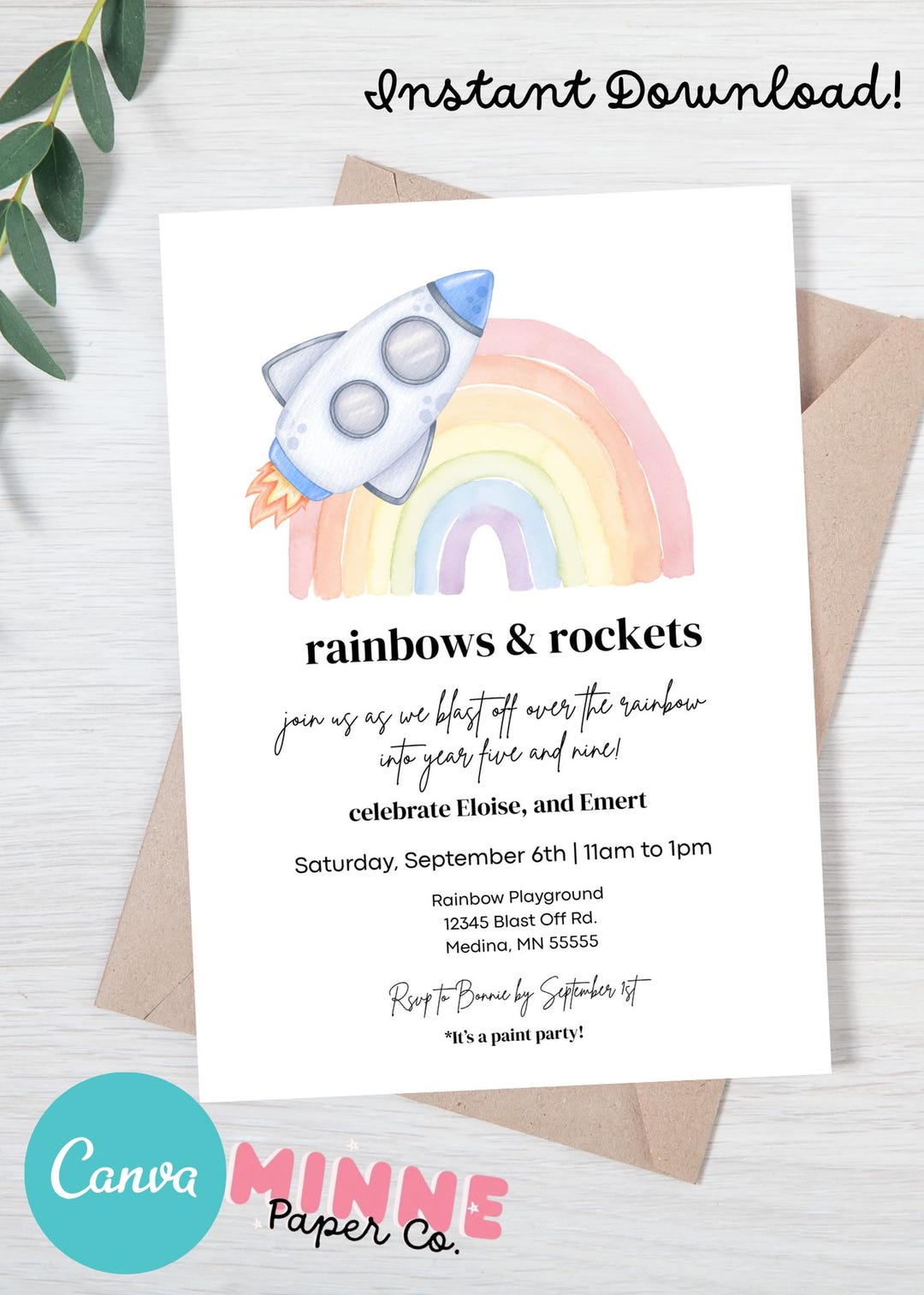 Rainbows and Rockets Birthday Invitation: Dual Party, Simple Kids ...
