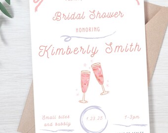 May include: A pink and white bridal shower invitation with a hand-drawn illustration of two champagne flutes. The invitation reads "Please join us for a Bridal Shower honoring Kimberly Smith".