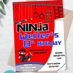 May include: Red and white birthday invitation featuring a cartoon ninja. The invitation reads "Ninja Weller's 8th Birthday" and includes details for a ninja training session.