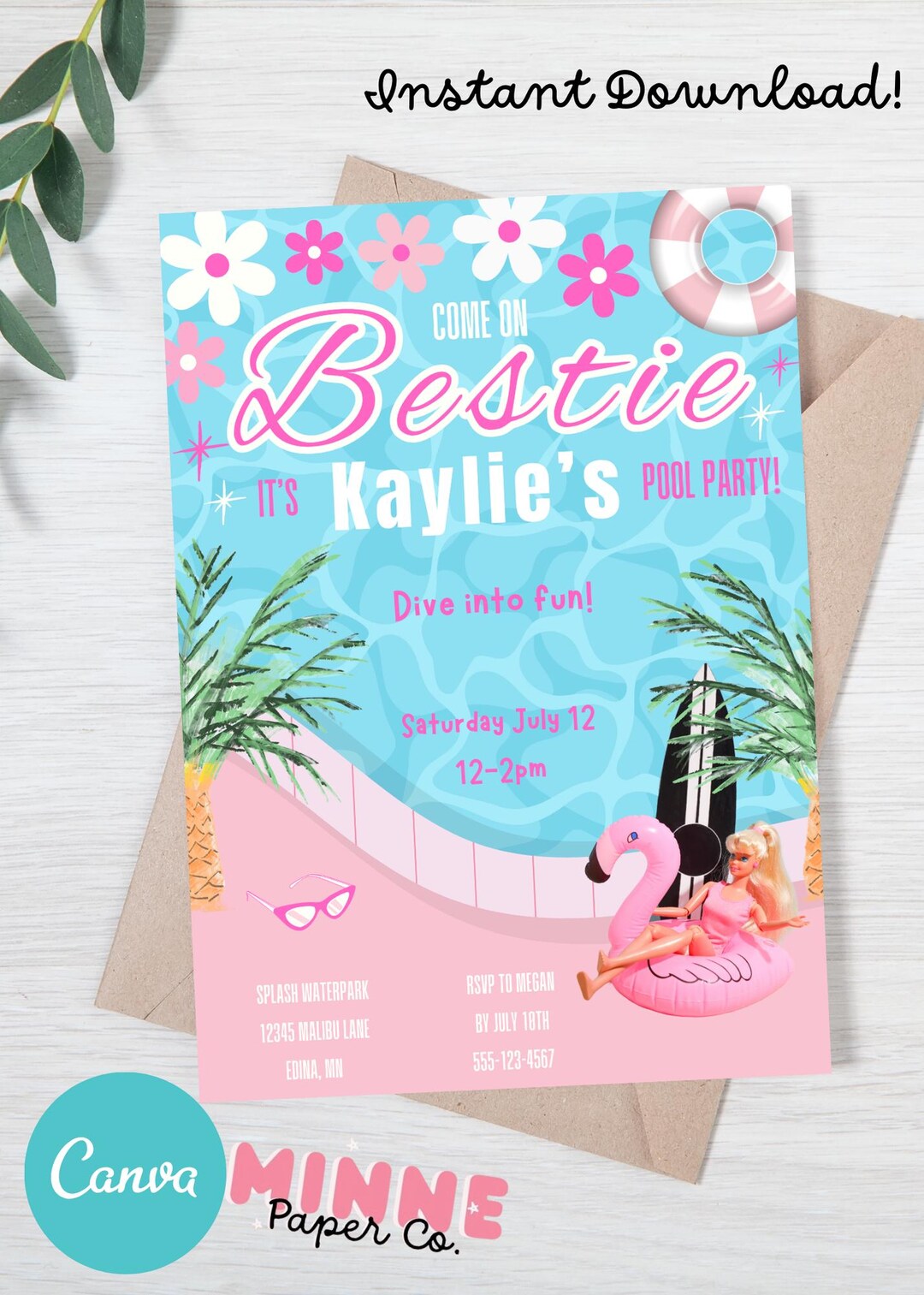 Pink “bestie” Pool Party Invitation: Editable Fashion Doll Invite ...