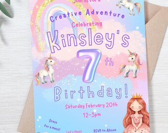 May include: A colorful invitation for a 7th birthday party with a unicorn theme. The invitation features a rainbow, clouds, stars, and a unicorn. The text on the invitation reads "Join us for a Creative Adventure Celebrating Kinsley's 7th Birthday! Saturday February 20th 12-3pm Dress for a mess! Let's Paint 5555 Painters Trail Burnsville. MN RSVP to Allison by January 10th 555-123-4567".