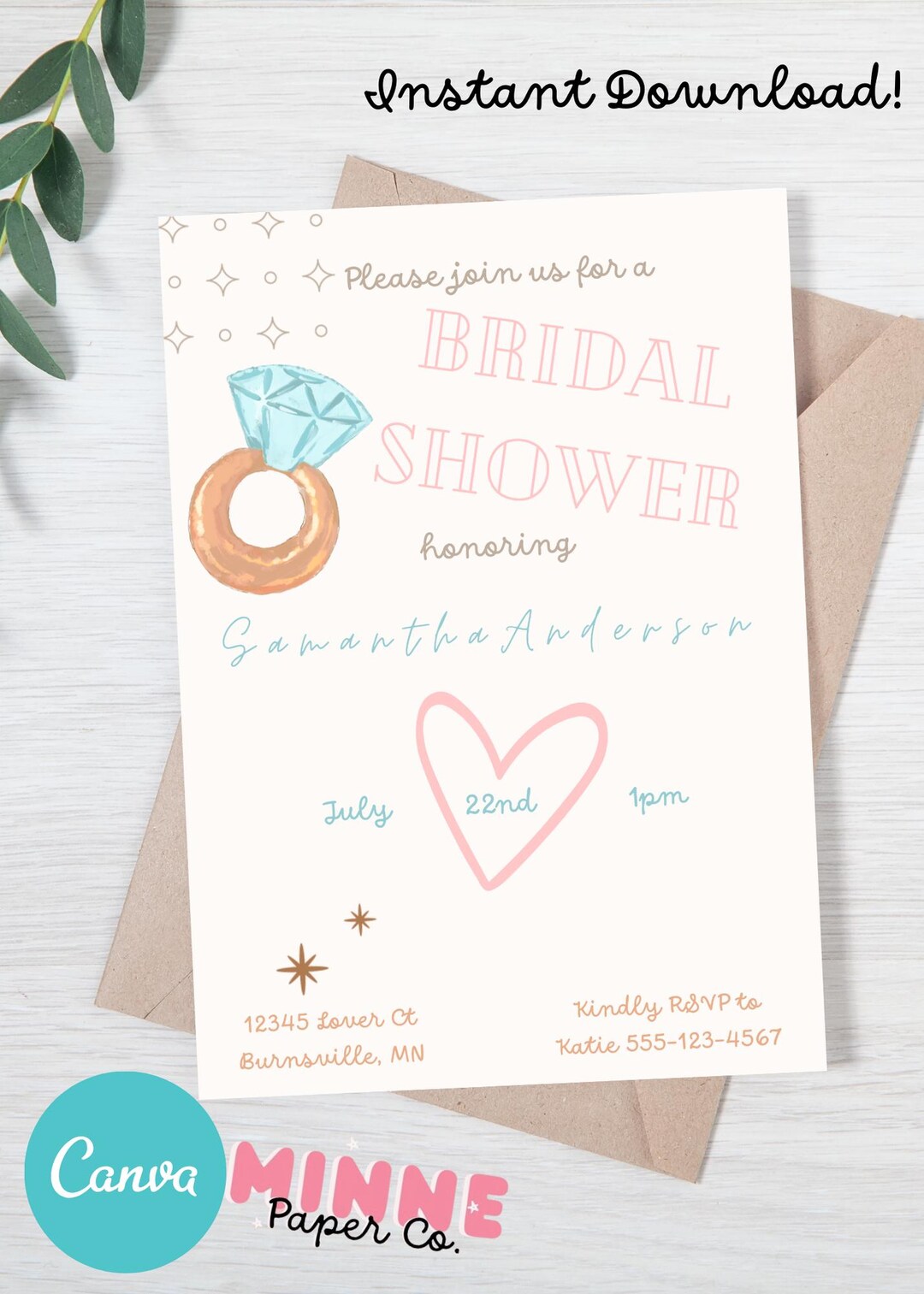 Modern Bridal Shower Party Printable Invite, Editable Instant Download ...