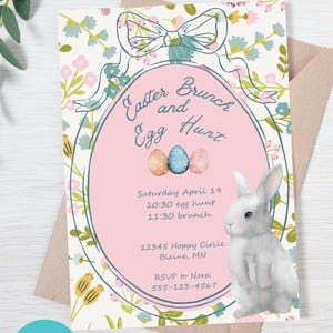 May include: Pink and white printable invitation with a floral border and a bunny rabbit. The invitation says "Easter Brunch and Egg Hunt" with the date and time of the event. It also includes the address and RSVP information.