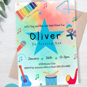 Invitation de fête d'anniversaire musicale arc-en-ciel coloré, modèle d'invitation modifiable en téléchargement immédiat, PDF, 5 x 7, carte de fête d'anniversaire pour enfants