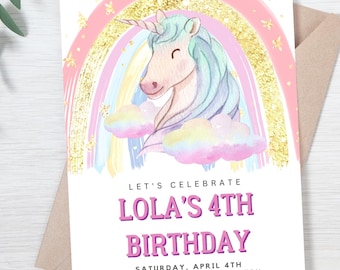 Rainbow Unicorn Birthday Invitation: Magical Party Invite (5x7, Digital Download, Editable in Canva)