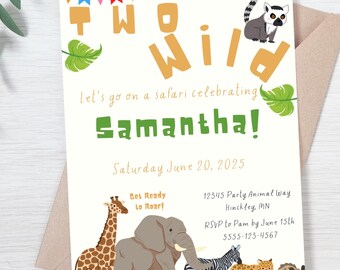 Two Wild Safari Birthday Party Invitation: Jungle Animals Birthday Invite, 2nd Birthday Invite (Editable, Instant Download, 5x7)