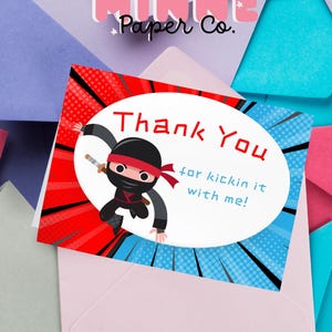 Ninja Gym Obstacle Thank You Birthday Party Card, 4x6 horizontal fold blank inside, Editable Instant Download, Ninja Warrior Thank You Card