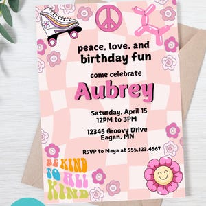 Groovy Retro Hippie 70&#39;s Editable Instant Download Party Birthday Invite, PDF, 5x7, Smiley Colorful Invitation