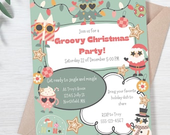 Könnte beinhalten: Eine grüne und rote Weihnachtsfeier-Einladung mit einem Cartoon-Weihnachtsbaum, Weihnachtsmann und Schneemann. Die Einladung lautet "Groovy Christmas Party!" und enthält Datum und Uhrzeit der Party. Außerdem enthält sie die Adresse und RSVP-Informationen.
