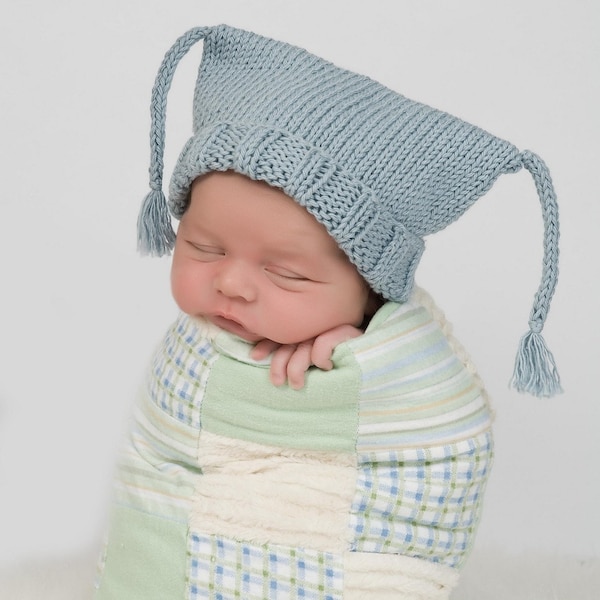 Sale - Baby Hat Pattern Knitting -- Little Boy Blue Box Hat with I-cord tassles -- Digital Download PDF