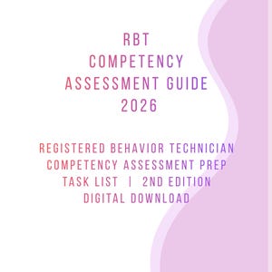 Puede incluir: Una portada de descarga digital con texto en tonos morados y blancos. El texto dice "RBT COMPETENCY ASSESSMENT GUIDE 2026" y "REGISTERED BEHAVIOR TECHNICIAN COMPETENCY ASSESSMENT PREP TASK LIST | 2ND EDITION DIGITAL DOWNLOAD."