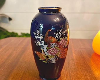 Jarrón vintage de pavo real azul, jarrón japonés azul oscuro de 6 pulgadas