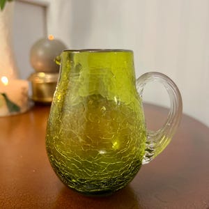 Brocca per la panna in vetro verde vintage incrinato soffiato a mano Blenko Art verde oliva avocado vetro verde
