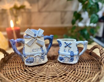 Juego de azucarero y jarro para leche vintage en azul y blanco, diseño de molino de viento, fabricado en Japón