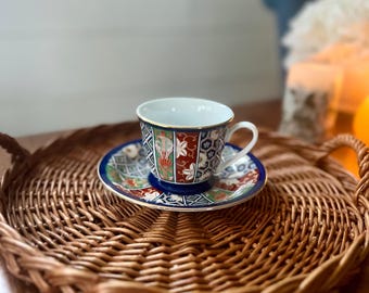 Vintage Asian Tea Cup and Saucer Royal Blue Japanese Imari Style Teacup and Saucer Handpainted Red Cup and Plate