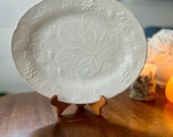 Vintage Small Oval White Majolica Platter Tray Dish Burgess and Leigh Ironstone Platter - Davenport Strawberry and Grape Leaf Design 12in