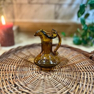Vintage 4.5” Amber Hand-Blown Glass Pitcher - Ruffle Lip & Handle