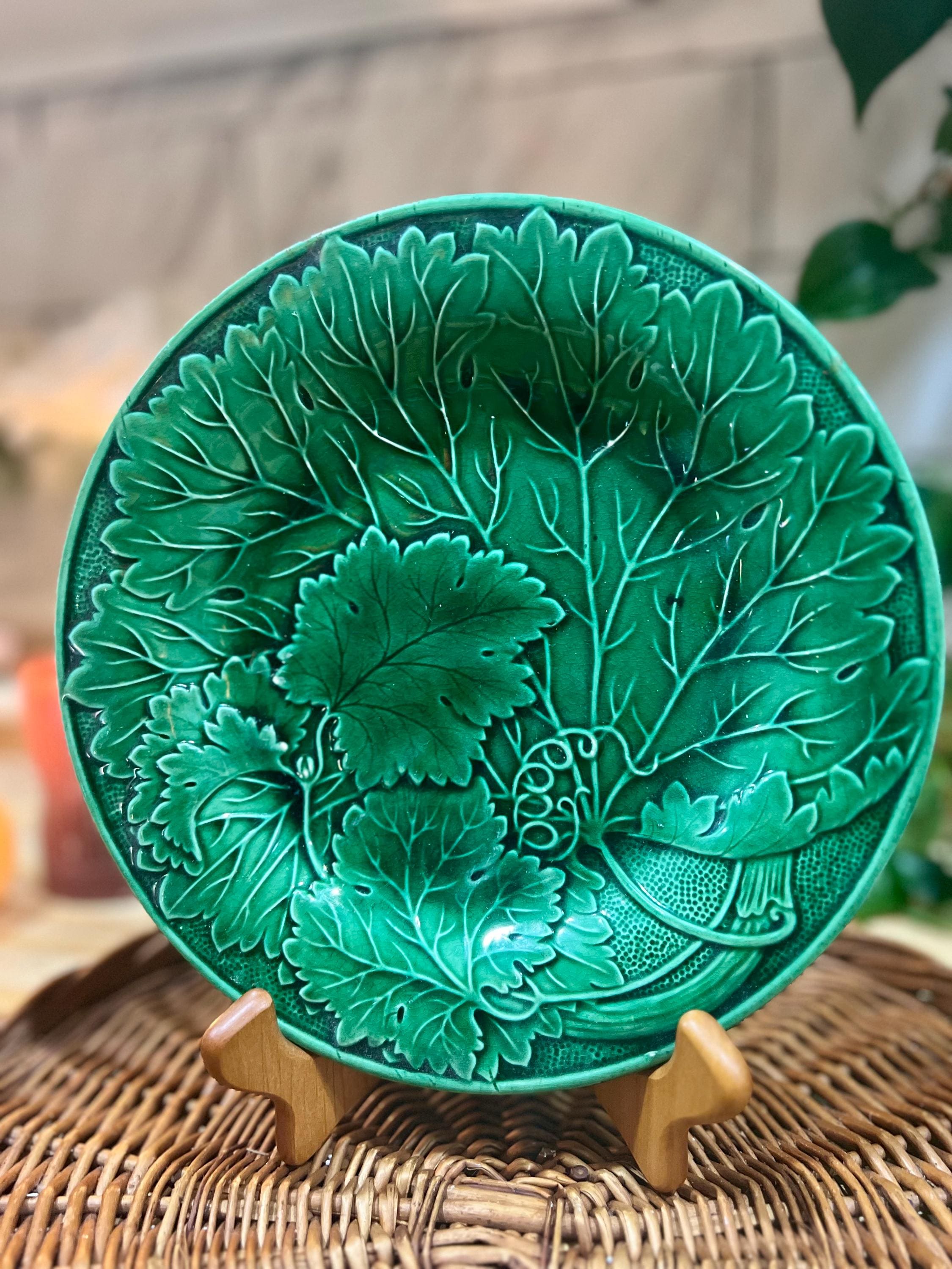RARE - Antique 1800's Green Leaf Plate Majolica Glaze Hunter Green