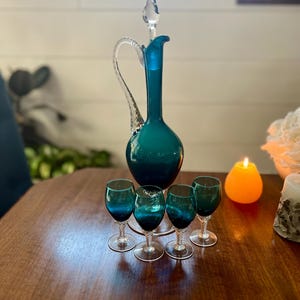 RARE SET! Vintage Teal Decanter Matching Set with (4) Stemmed Footed Cordial Glasses Empoli Italian Glass