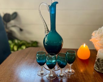 RARE SET! Vintage Teal Decanter Matching Set with (4) Stemmed Footed Cordial Glasses Empoli Italian Glass