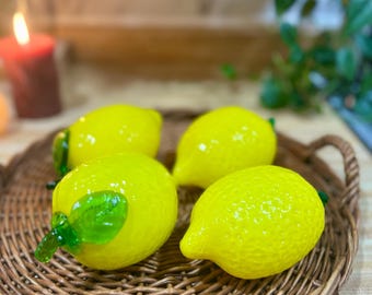 Vintage Textured Murano Style Glass Fruit Handmade Mid-Century Glass Lemons Set of (4)