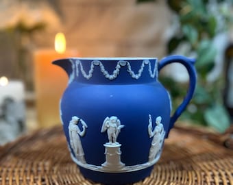 Jarrón antiguo de madera de cuña, de jaspe azul cobalto, jarra pequeña para leche, estilo victoriano, finales del siglo XIX