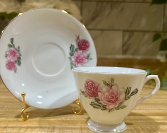 Vintage Tea Cup and Saucer China White with Pink Roses Cottage Core Tea Set with Gold Rim