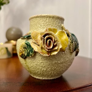 Vintage Sand-Glazed Majolica Small Vase Barbotine Roses and Leaves