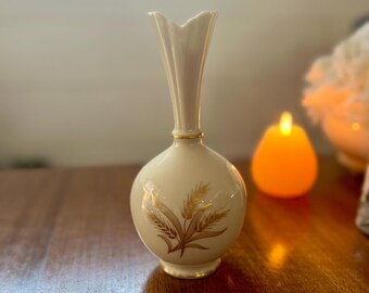 Vintage Lenox Wheat Vase High Vase Bulbous Wheat Pattern Lenox Porcelain Wheat Pattern with Gold Leaves Blue Lenox Marking 8in
