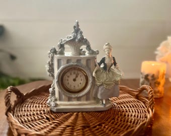 Vintage Porcelain Clock Porcelain Figurine Mantle Clock Regency Victorian Elegant Woman Clock