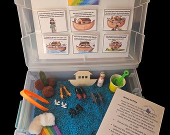 Noah en de Ark zintuiglijke bak, Noah en de Ark bijbelverhalenkit, christelijke zintuiglijke kit, bijbelspeelgoed, bijbelknijppoppen