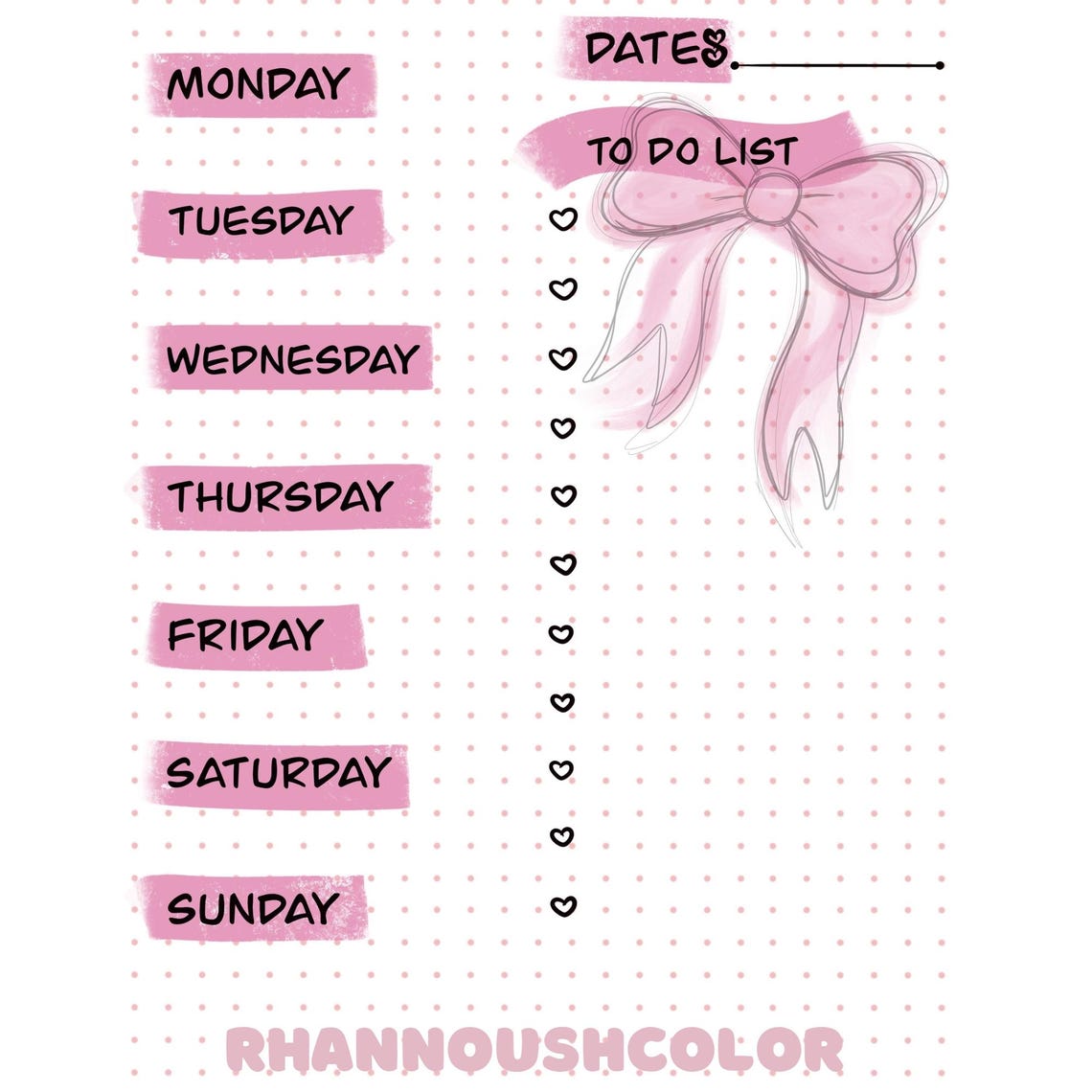 Cute Girly Pink Bow Weekly Planner To-do List Printout Instant Download ...