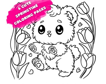 SPRING Coloring Pages Bunny Coloring Pages Bear FLORAL Tulips Digital Download springtime kawaii pastel Cute Friends Coloring