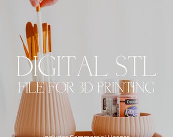 May include: A digital STL file for 3D printing, shown with a pink ceramic brush holder, a small pink ceramic bowl, and two bottles of paint. The text "DIGITAL STL FILE FOR 3D PRINTING" is displayed on the image. The text "Includes Commercial License" is also displayed on the image.