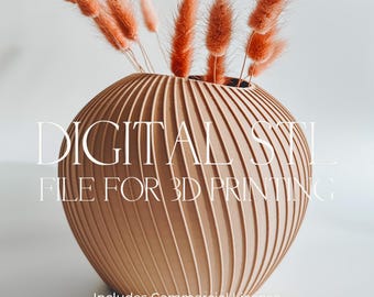 May include: A 3D printed vase with a ribbed design. The vase is a light brown color and is filled with dried pampas grass. The text "DIGITAL STL FILE FOR 3D PRINTING" is displayed on the image. The text "Includes Commercial License" is also displayed on the image.