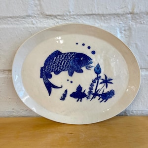 Blue and white Koi fish under glaze serving platter/handmade plate