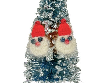 Vintage Mid-Century 1950s Christmas Kitschmas Hand Knit Santa Claus Red White Angora Yarn Screw Back Earrings Beads