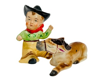 Vintage Cowboy Western Horse Sleeping Sitting Bronco Salt and Pepper Shakers 1940s 1950s Japan