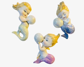 Vintage RARE Norcrest Mermaid Wall Plaque Japan Bubble Mermaids 3 Piece Set MCM Kitsch 1950s