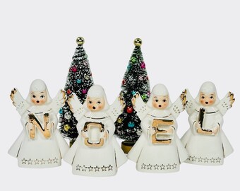Vintage NOEL Angel Figurines White and Gold 1950s Mid-Century Modern Christmas Japan
