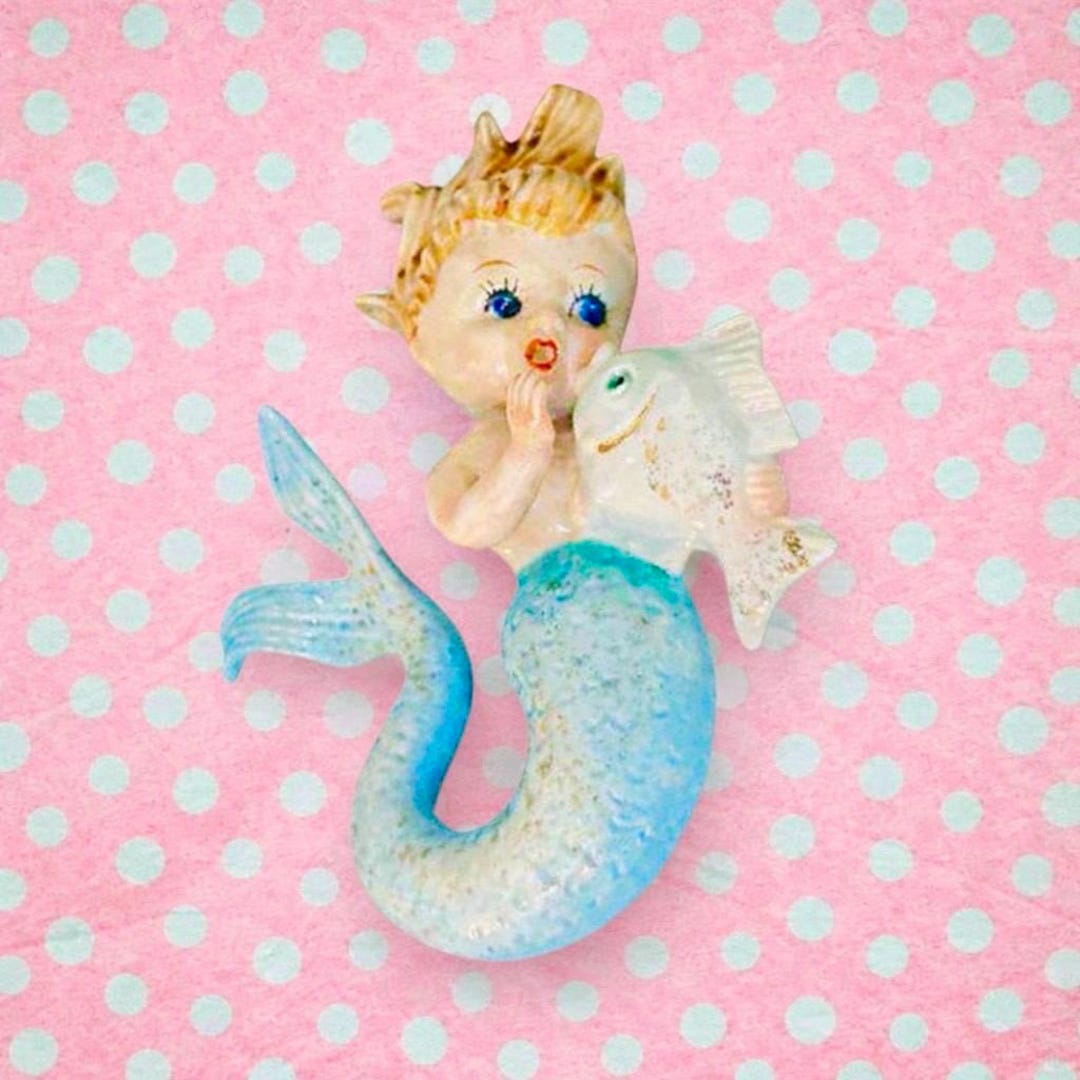 Vintage Norcrest Mermaid P-659 Blue Tailfin Blonde Hair With Fish