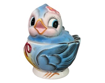 Vintage Lefton Bluebird Jam Jelly Jar Sugar Anthropomorphic 1950s Japan Kitsch Blue Bird