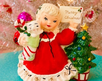 Vintage Relpo Christmas Tree Girl Candy Cane Stocking with Kitty Cat Planter Figuribe MCM Japan