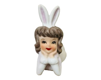 Vintage Lefton Brunette Playboy Bunny Easter Pixie Girl Figurine MCM Kitsch Japan