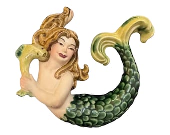 Very Rare Vintage De Forest Ceramic Arts Studio Mermaid Water Sprite 1940s Wall Plaque MCM