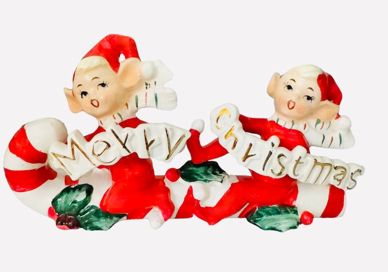 Vintage Norcrest Christmas Pixie Elves on a Candy Cane Japan MCM 1950s Figurine image 2