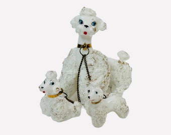 Vintage Lefton White Spaghetti Poodle Dog 1950s Figurines Mom Puppies Chained Japan Mid-Century