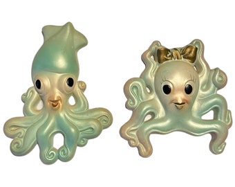Vintage Octopus Squid Miller Chalkware Mermaid Fish Wall Plaques Kitsch MCM