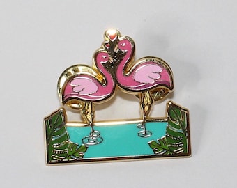 Pinup Retro Flamingo Tiki Love Lapel Pin Rockabilly Gold Mid-Century Atomic Pink